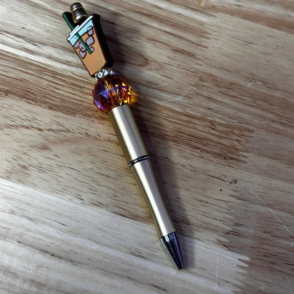 Iced Coffee Beaded Pen Champagne Gold Metal Ballpoint Amber Crystal Accent